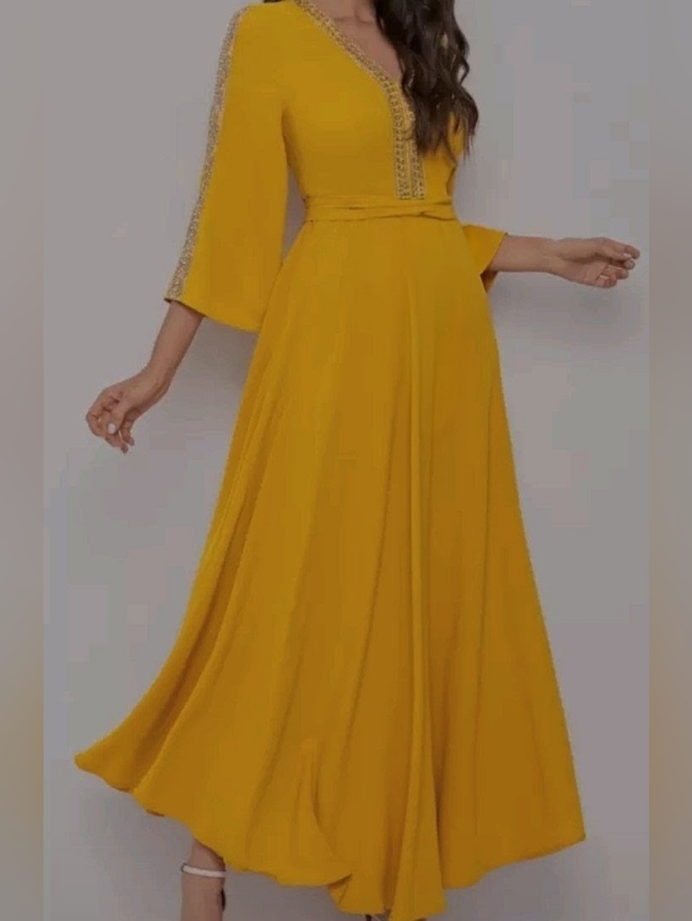 Mustard Yellow Long Sleeve V-Neck Maxi Dress